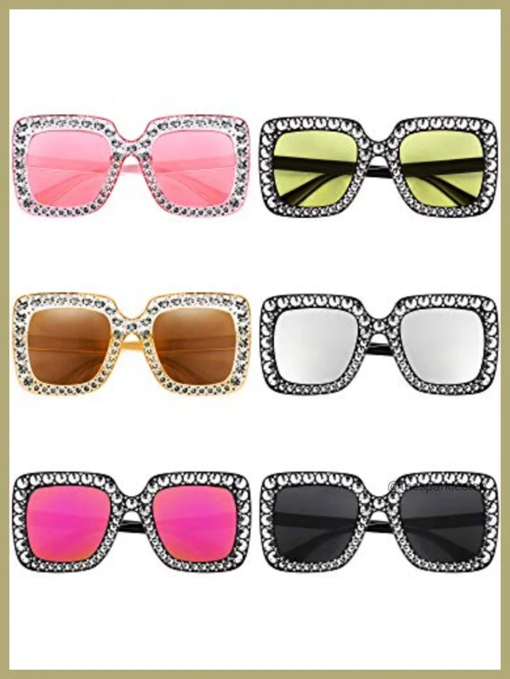 6 Pairs Rhinestone Oversized Square Sunglasses 70s Retro UV Protection Women's